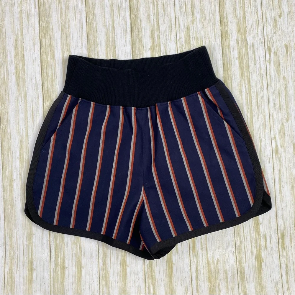 Sacai Blue & Red Striped High Rise Pull On Shorts